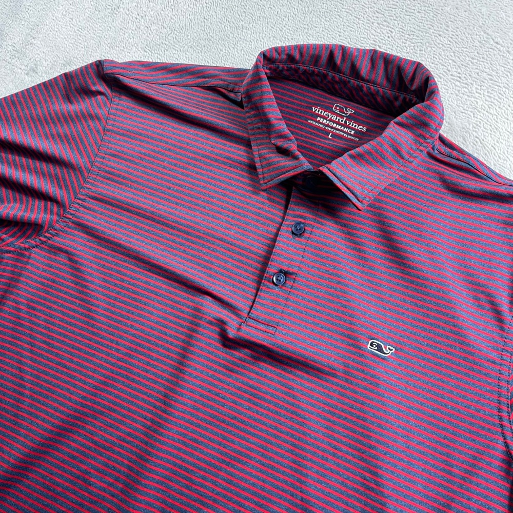 Vineyard Vines Performance Polo Shirt Mens Large L Navy Red Striped Short Sleeve